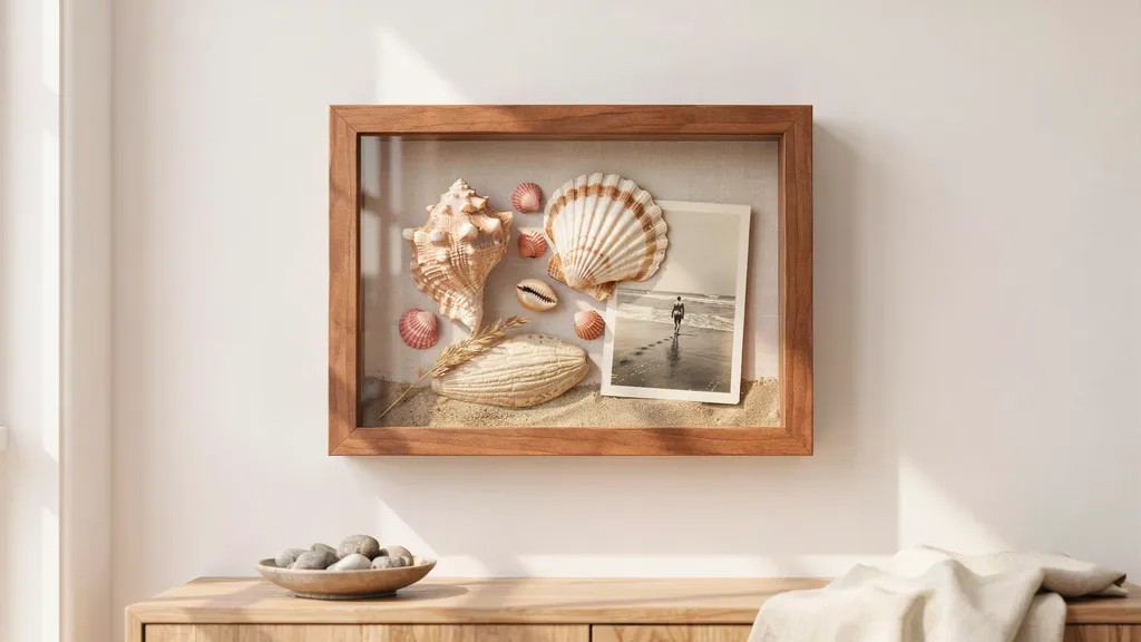 Seashell collection shadow box with beach photo.