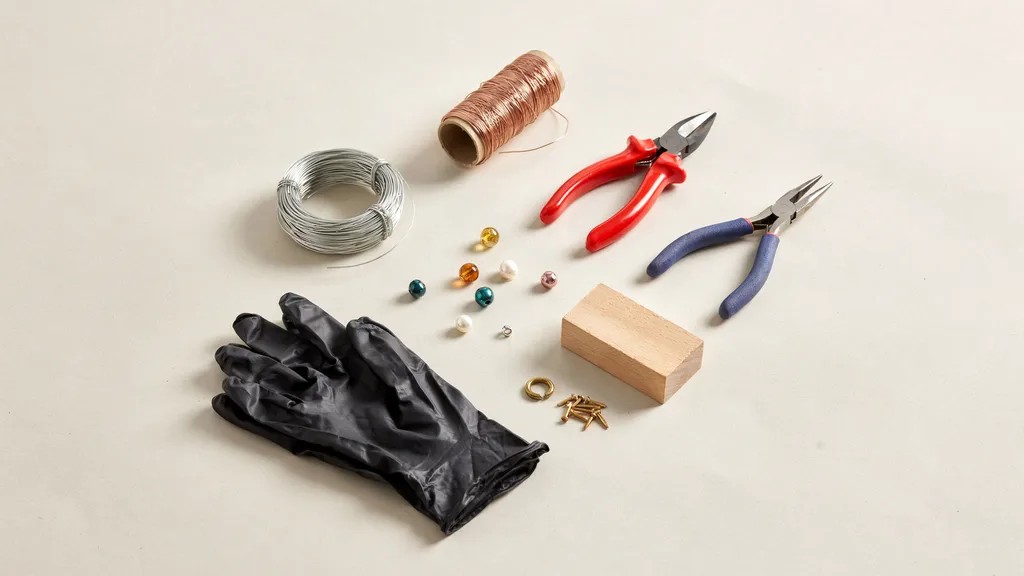 Wire sculpture tools including wire coils, pliers, cutters, gloves, wooden base, and decorative beads arranged neatly
