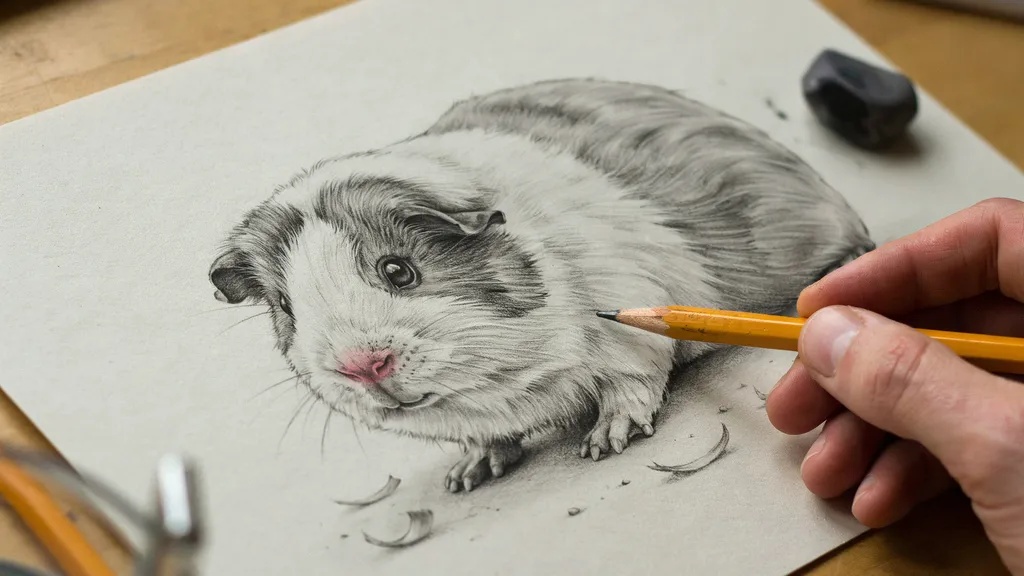pencil adding nose, cheek lines, and small toe details to guinea pig drawing, refining facial features and improving overall shape for more accurate appearance.