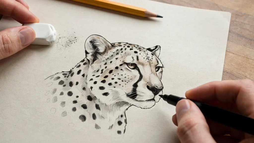 final cheetah drawing outlined with black pen and cleaned by erasing pencil marks, showing neat finished artwork with clear lines and complete details.