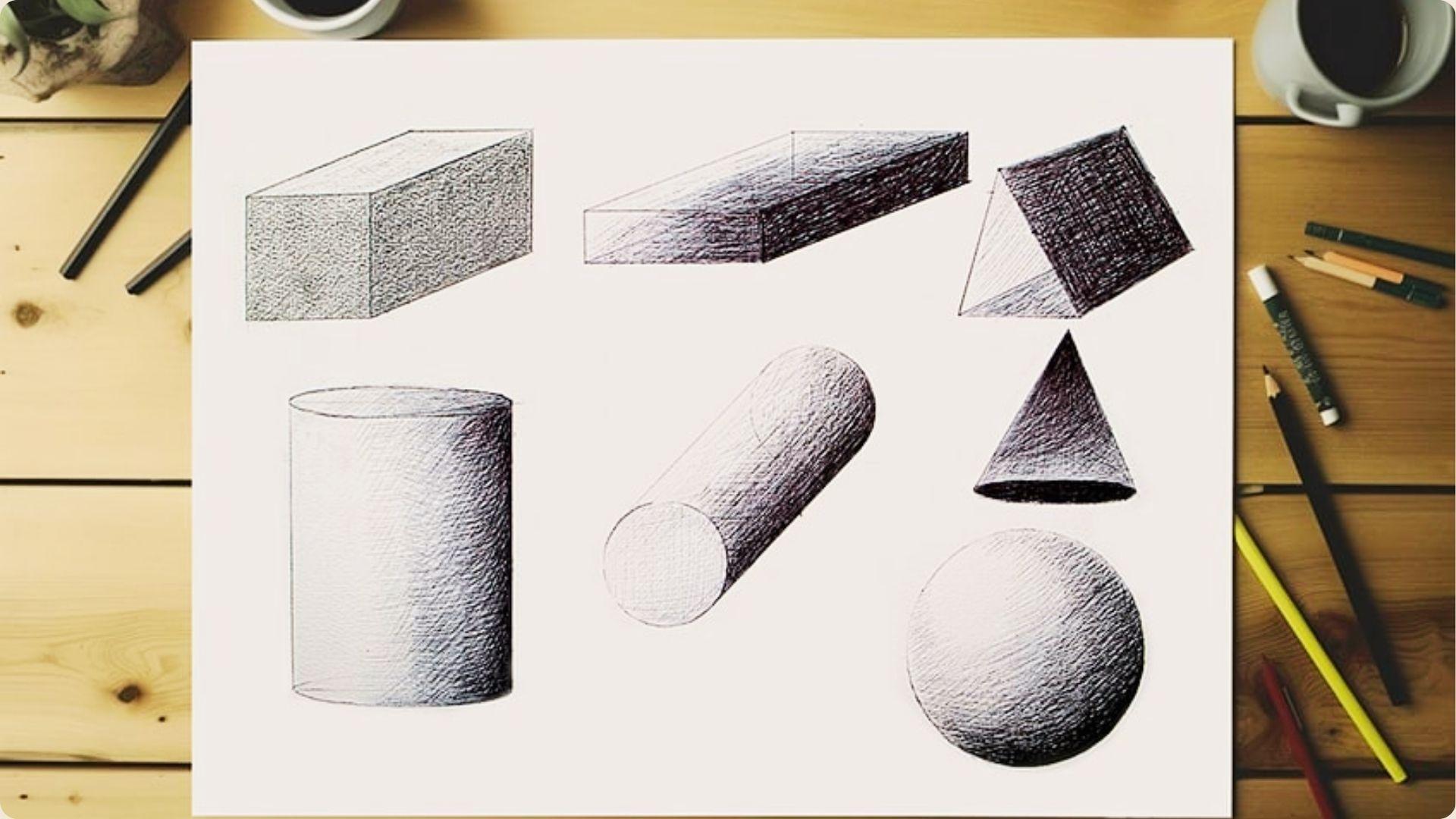 Pencil sketches of basic 3D shapes like cubes, cylinders, cones, and spheres on white paper.