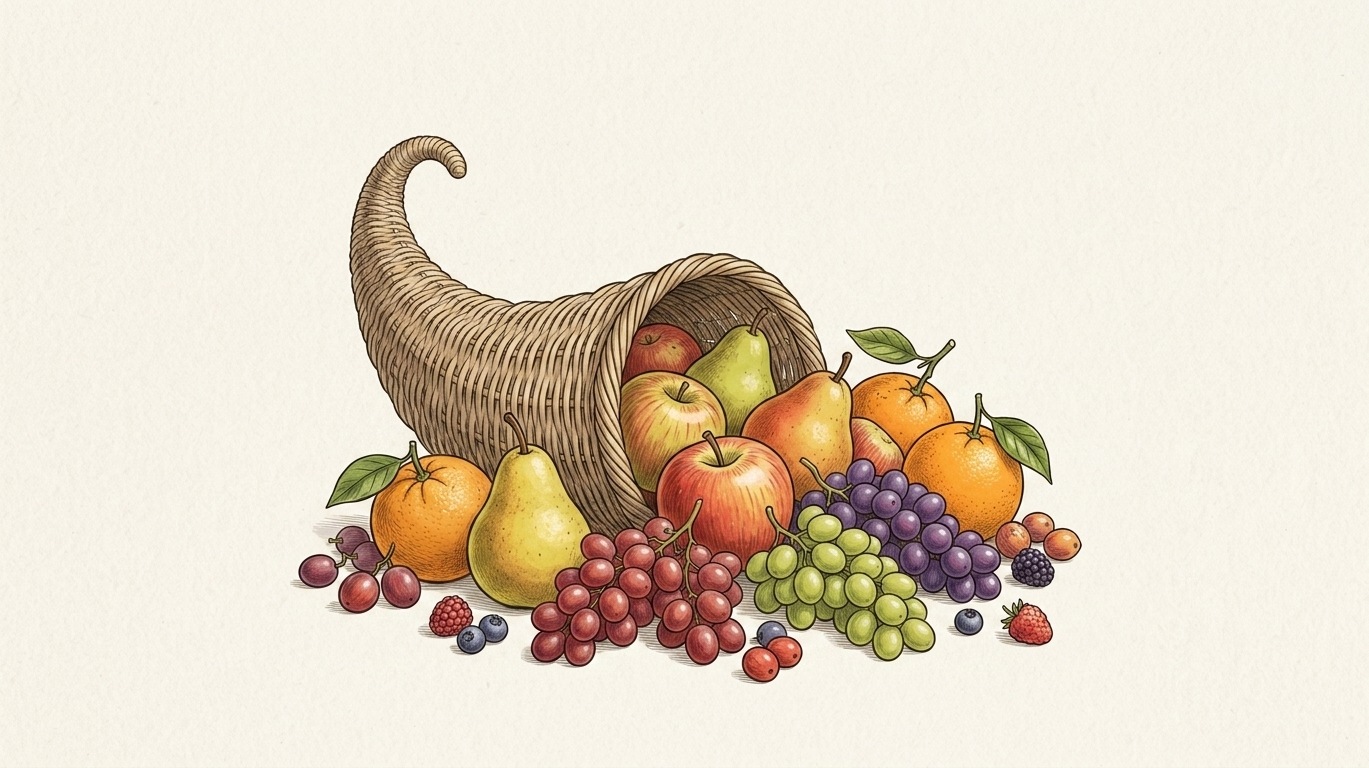 Cornucopia basket filled with apples, pears, grapes, and oranges arranged in a realistic fruit display.