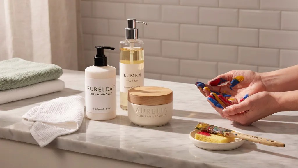 Mild soap, baby oil, and skin-safe cleaning products used to remove acrylic paint from skin.