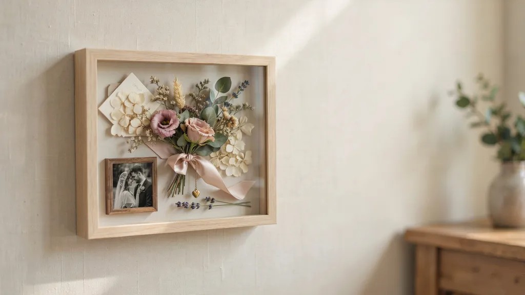 Wedding keepsake shadow box with flowers and invitations.