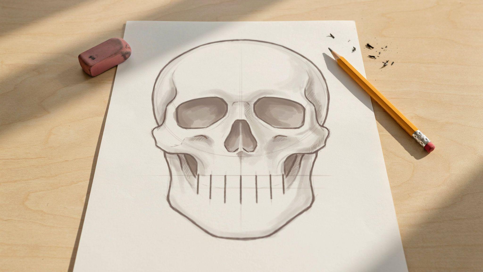 Shaded skull sketch on paper with construction lines, yellow pencil and eraser beside it.