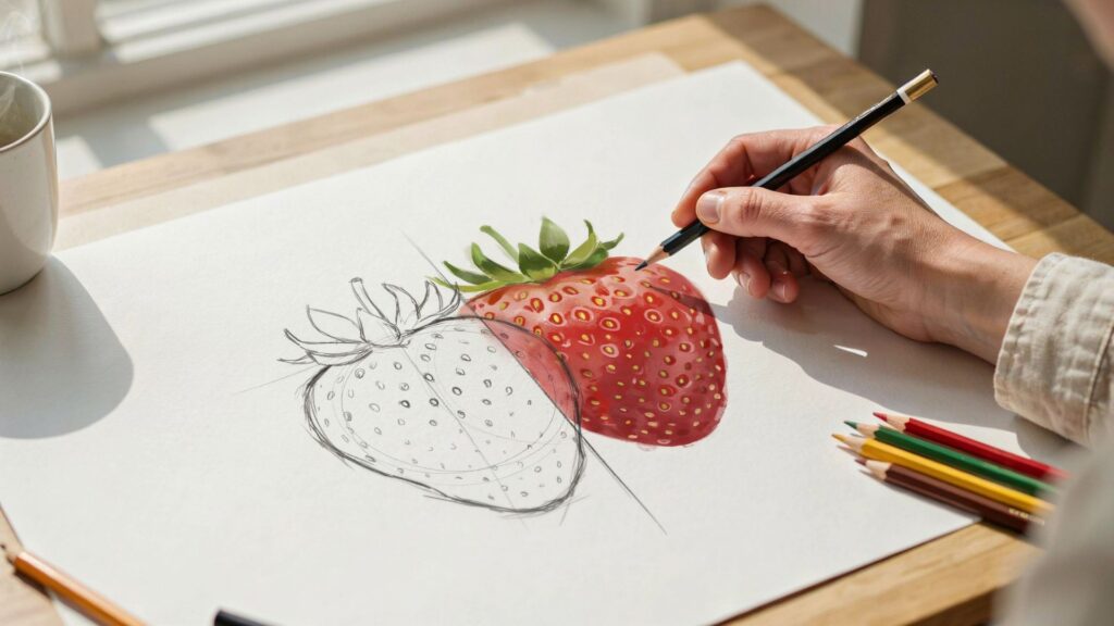 Strawberry Drawing Easy: Step-by-Step Beginner Guide Hand drawing a realistic strawberry from sketch to finished colored artwork on paper.