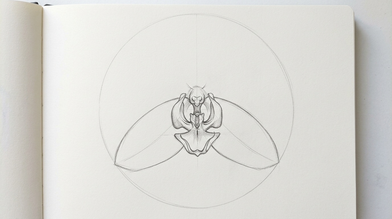 Basic orchid flower sketch with guide lines showing the placement of the side petals