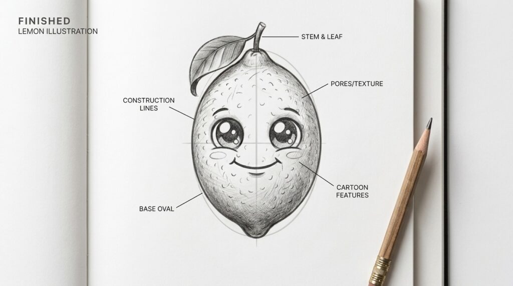 A simple lemon sketch showing basic shape with stem and leaf in tutorial style.