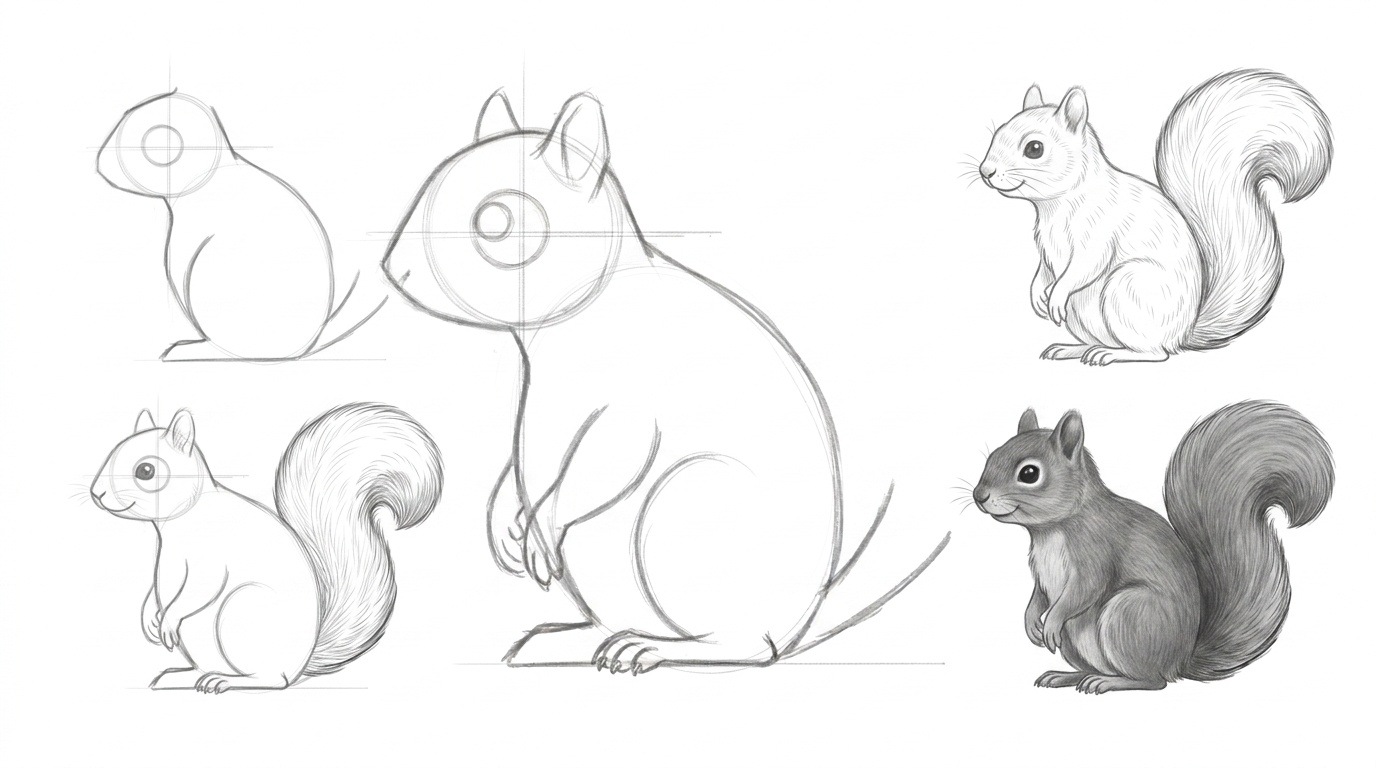 A clean squirrel sketch showing full body with fluffy tail in a beginner drawing tutorial style.