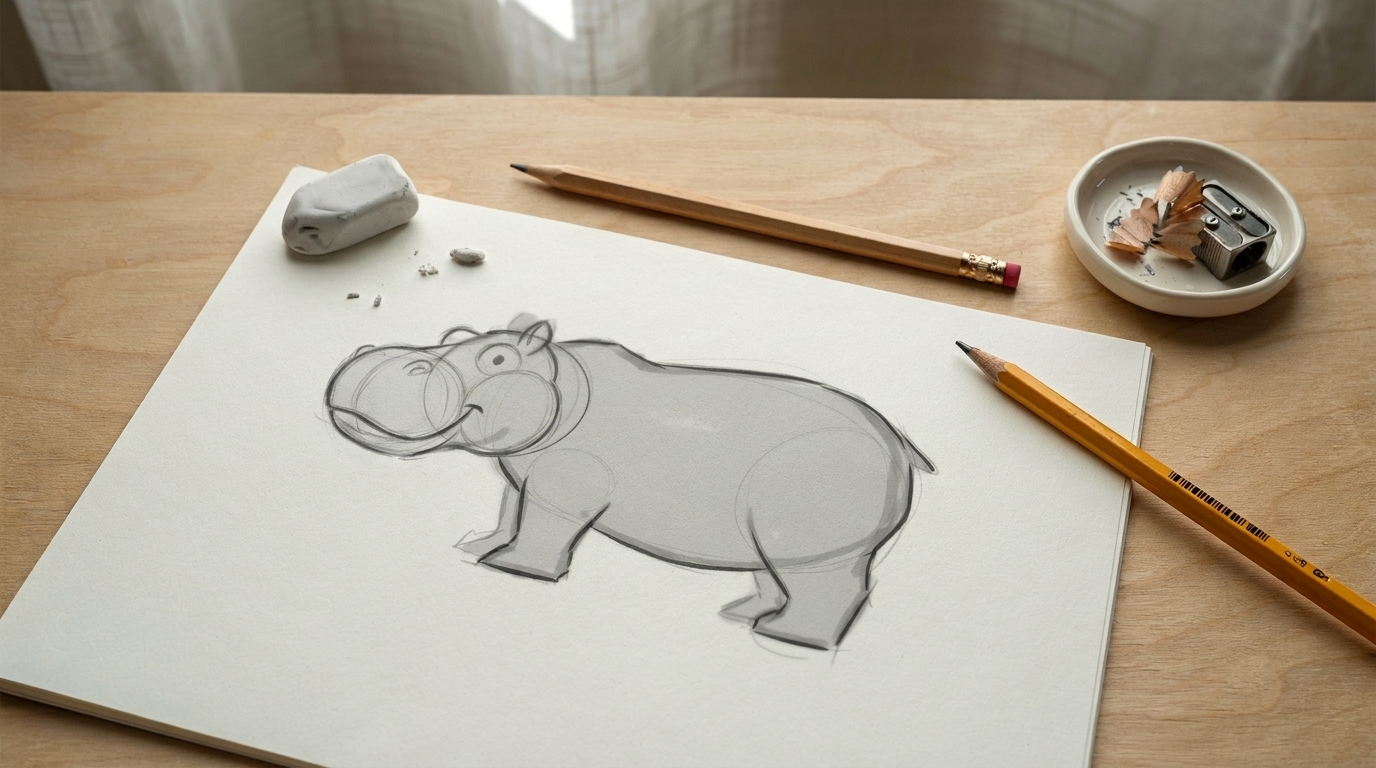 Hippo sketch with large snout and curved mouth line being drawn