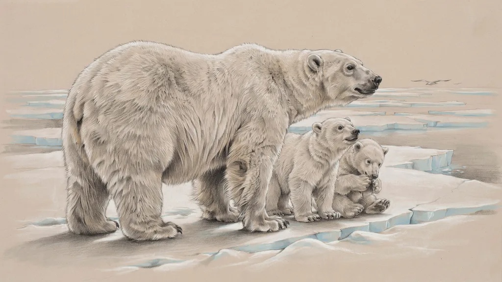 Polar bear family scene drawn with graphite pencil.
