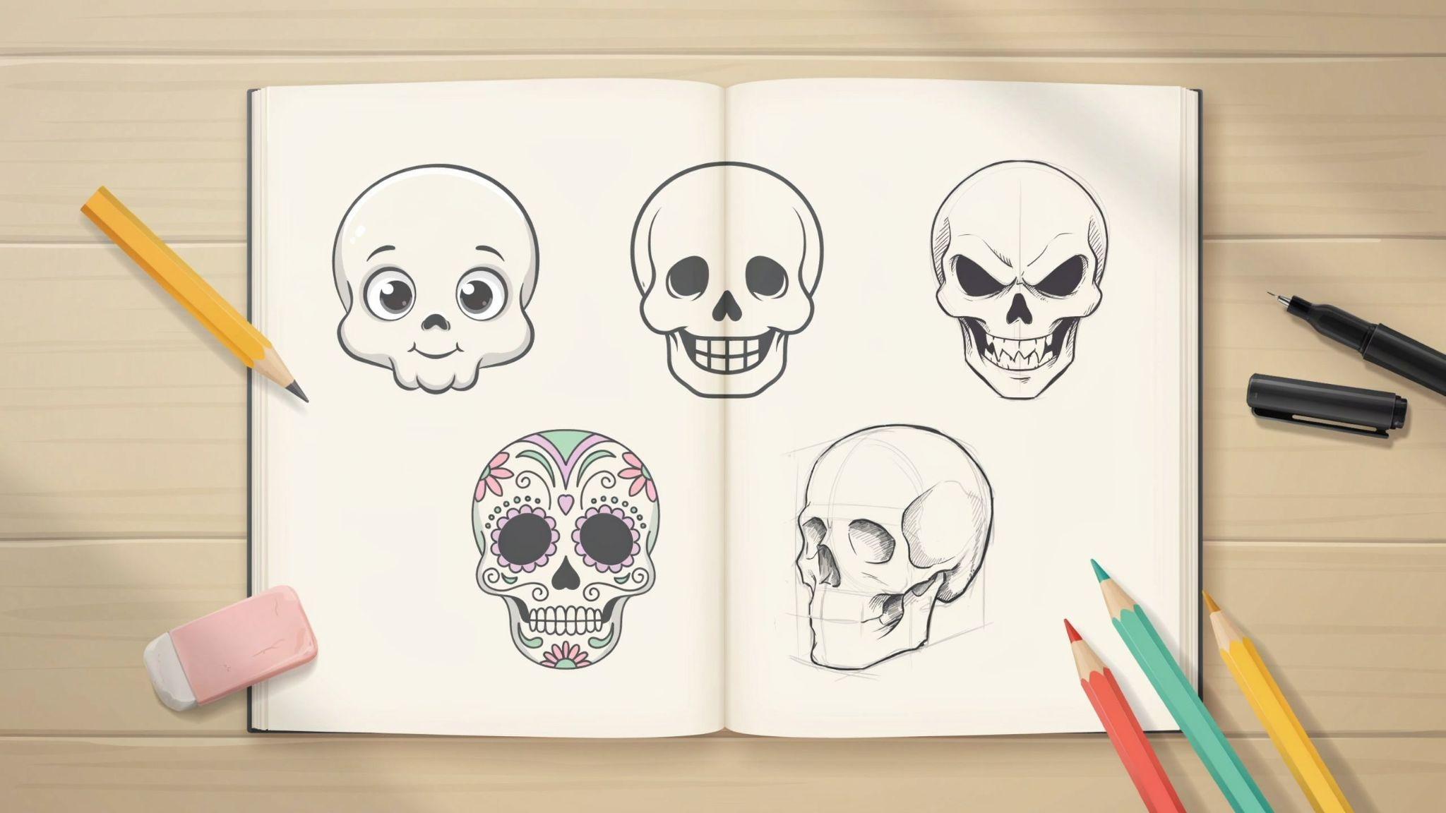 Open sketchbook with five skull drawing styles, from cartoon to sugar skull, with pencils.