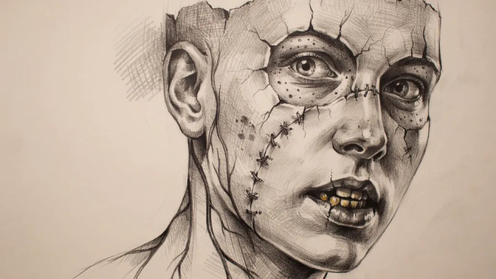 Finished scary face drawing with cracked skin, dark veins, stitches, and detailed horror textures.