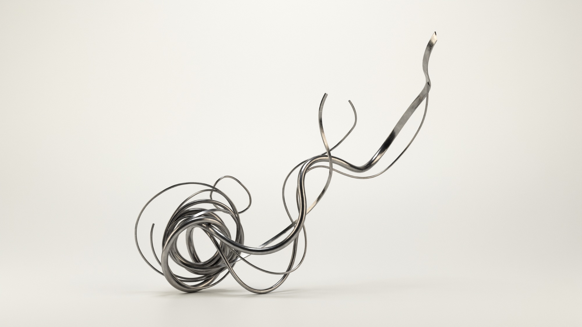 Abstract flowing wire sculpture with curved and overlapping metal lines