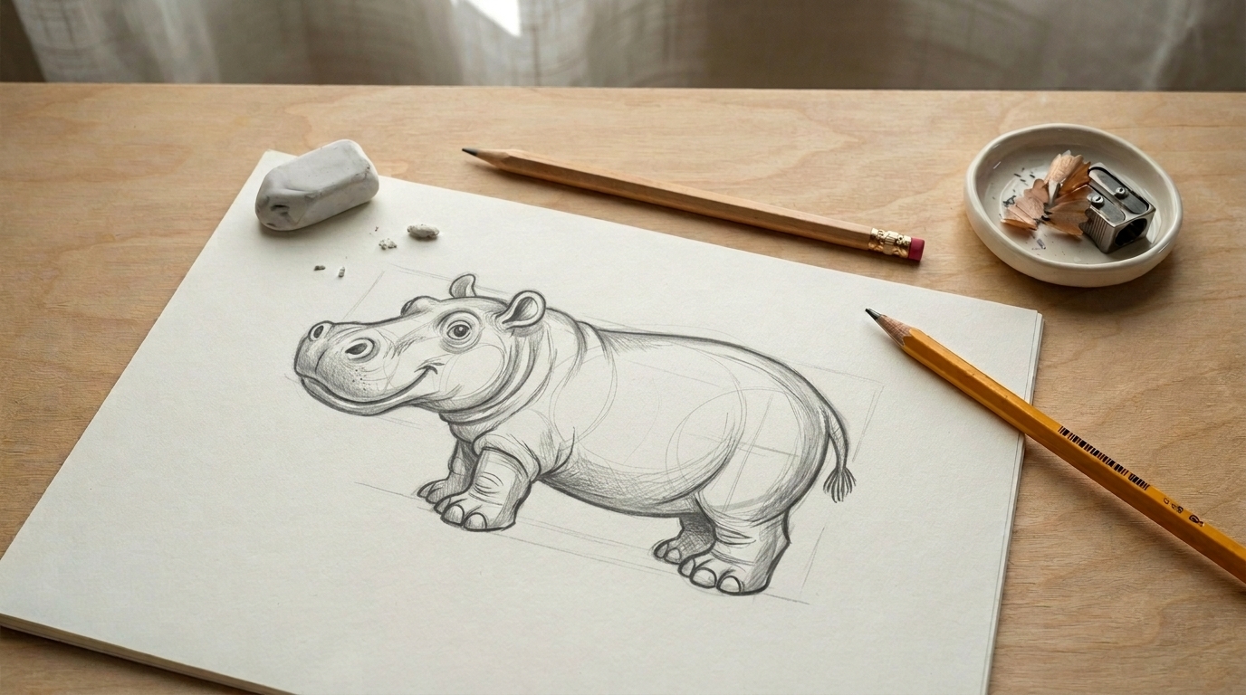 Hippo drawing with legs feet and tail added in simple rounded forms