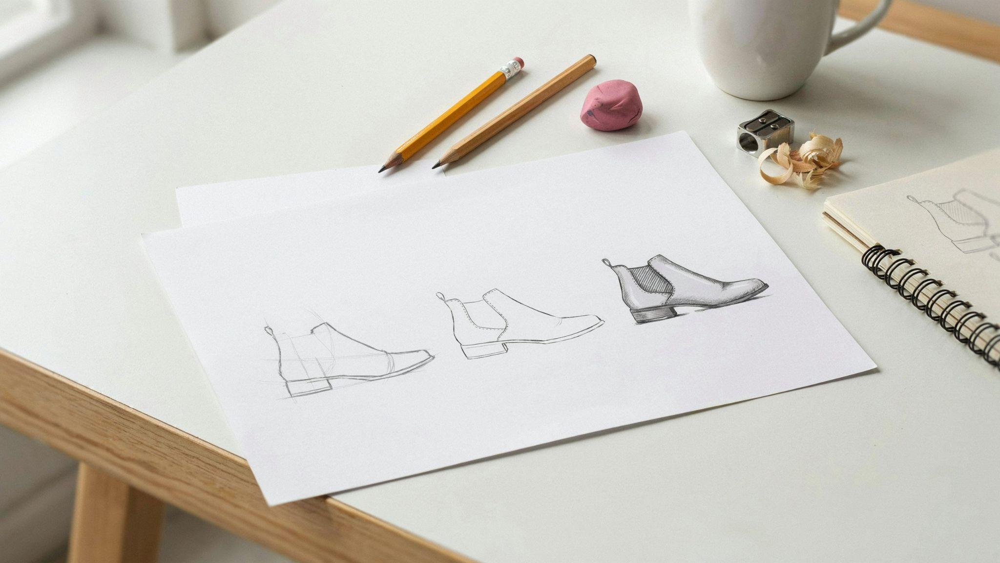 Sketch of Chelsea boots progression from outline to shaded on paper with tools.