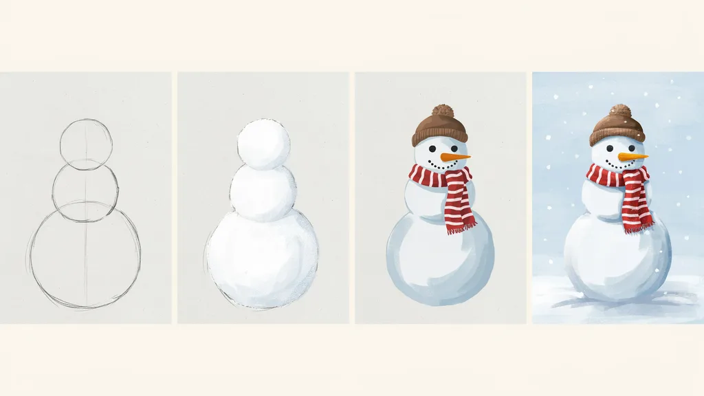 A four-step collage showing a snowman being created from simple circles into a fully decorated winter character with scarf and hat.