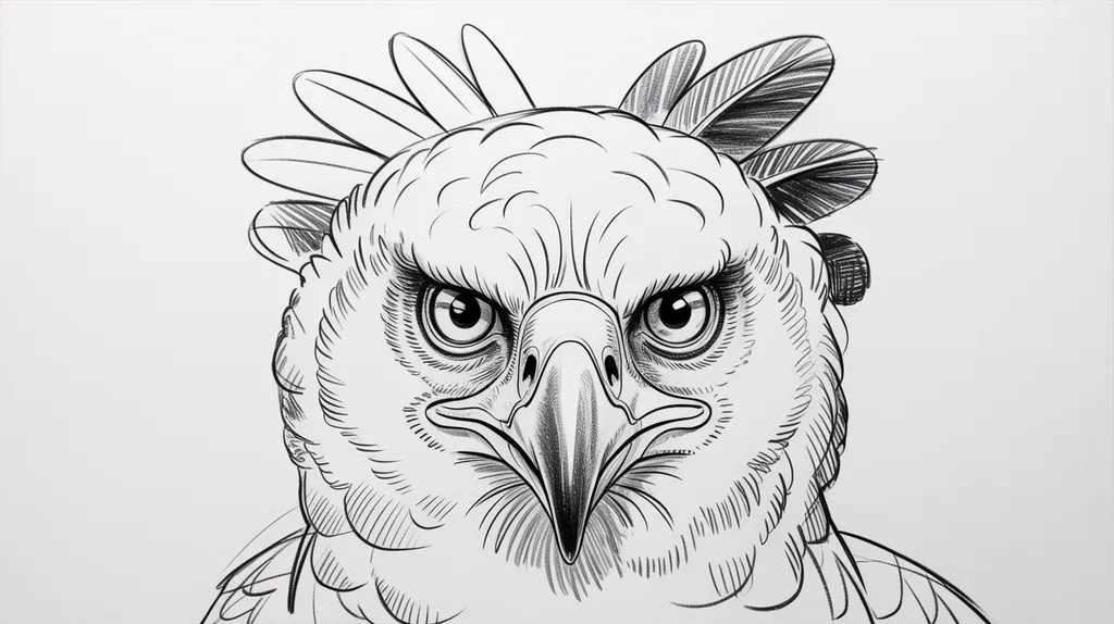 Close-up harpy eagle sketch showing detailed beak, eyes, and crest feathers.
