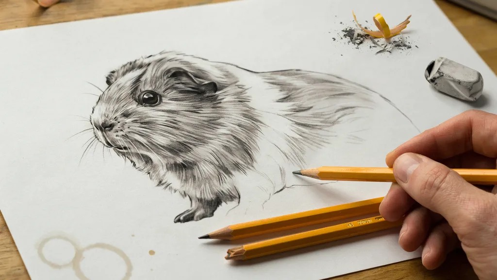 close-up of pencil strokes creating realistic guinea pig fur texture using short layered lines, showing simple technique to add depth and natural appearance.