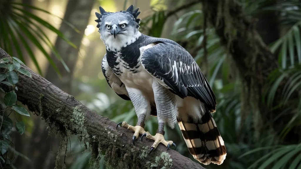 Realistic harpy eagle perched on a rainforest branch with detailed feathers.