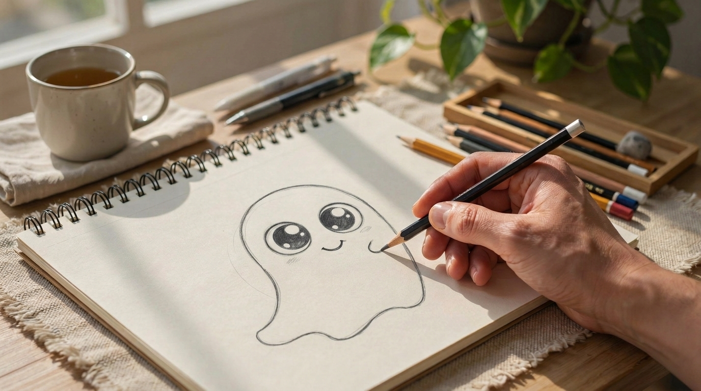 Cute ghost sketch with big eyes and smiling face drawn in pencil