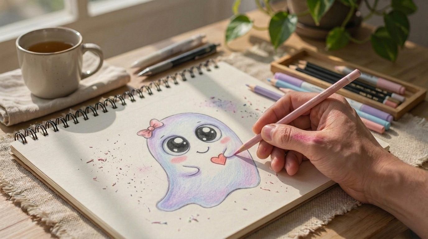 Completed cute ghost drawing colored with soft pastel tones and blush details