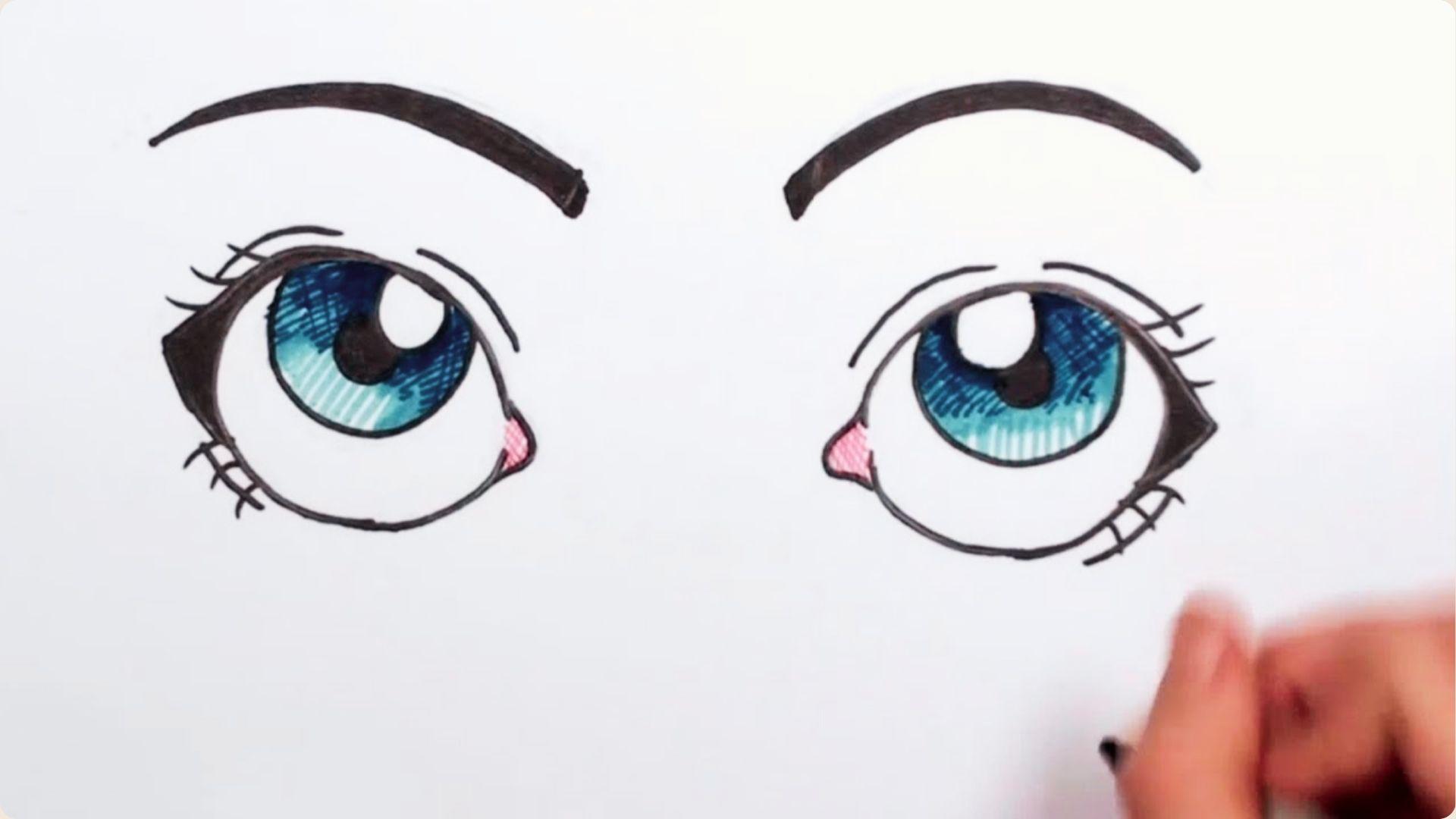 Colored marker drawing of Cartoon -style eyes with bright blue irises and wispy upper eyelashes.