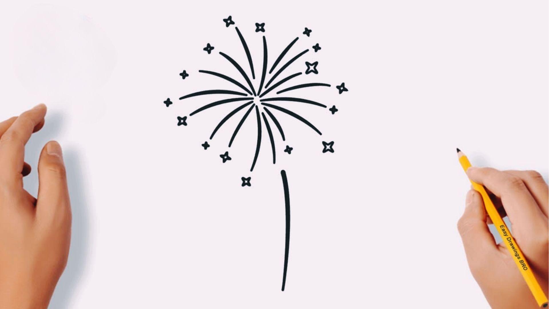 Hand with yellow pencil sketches simple black firework burst with stars on blank white paper