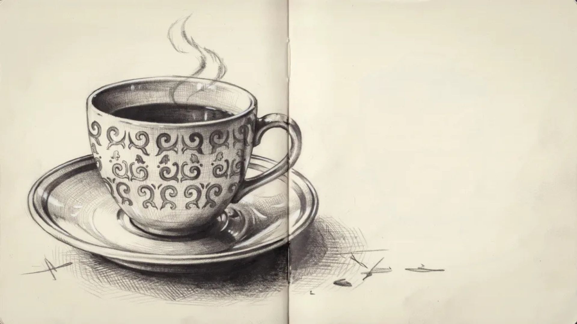 Completed coffee cup drawing with final details and refined shading.