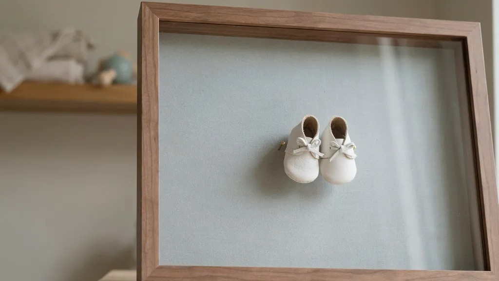 Baby shoe shadow box with infant shoes.