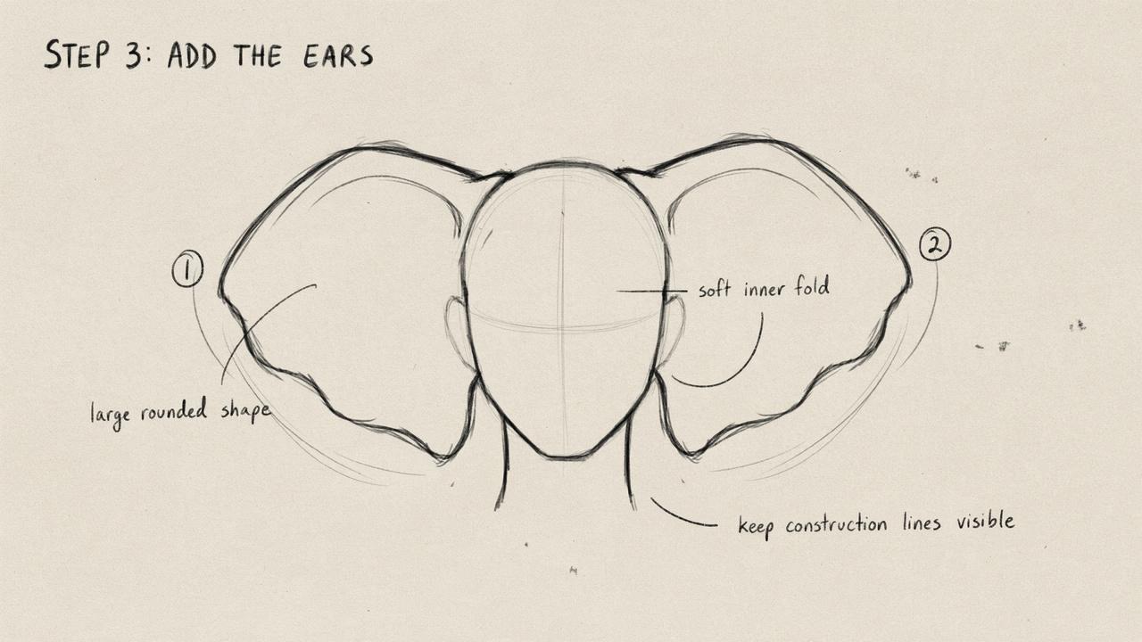 Sketching large elephant ears with correct proportions.