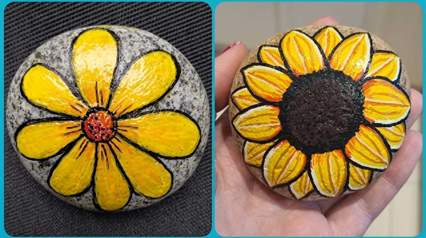 sunflower painted on the rocks.