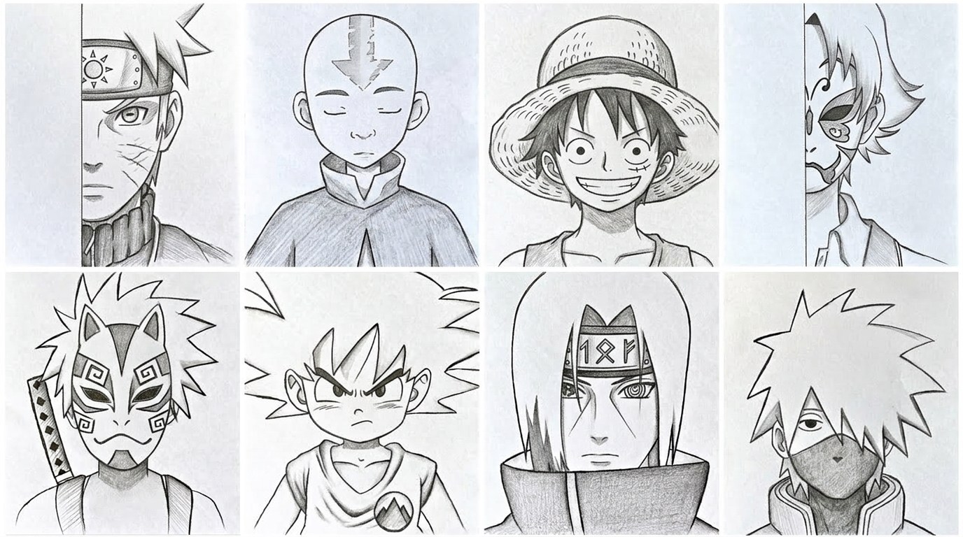 picture showing various anime drawings.