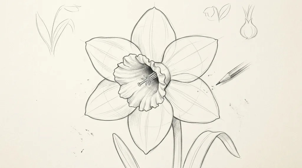 First petals being added around the center of a daffodil sketch.