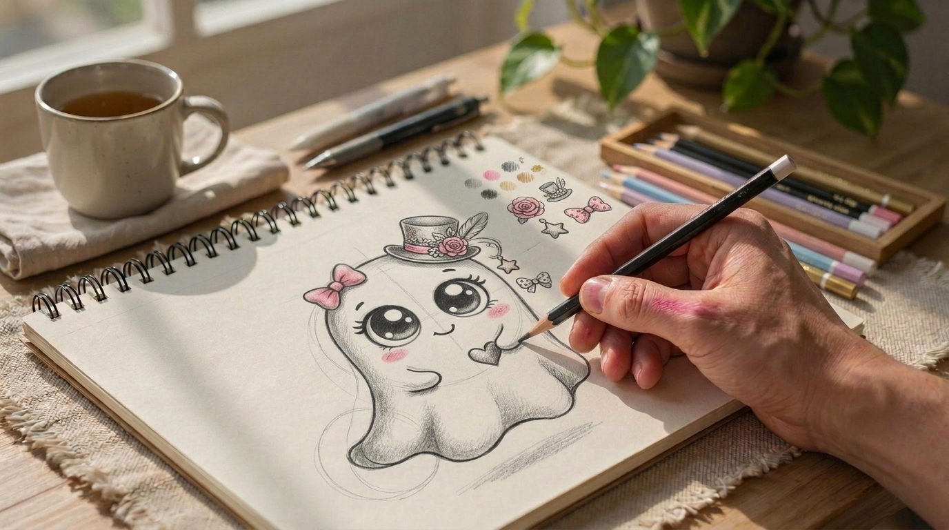 Cute ghost drawing being enhanced with rounded shapes, big eyes, and small decorative accessories