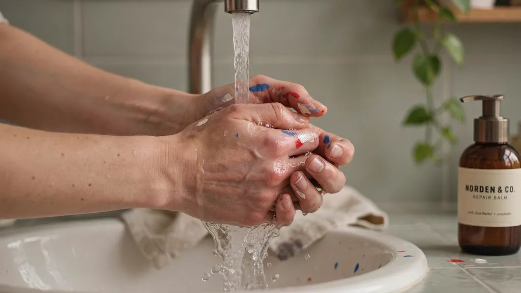 Dried acrylic paint being safely removed from skin using soap, warm water, and gentle scrubbing.