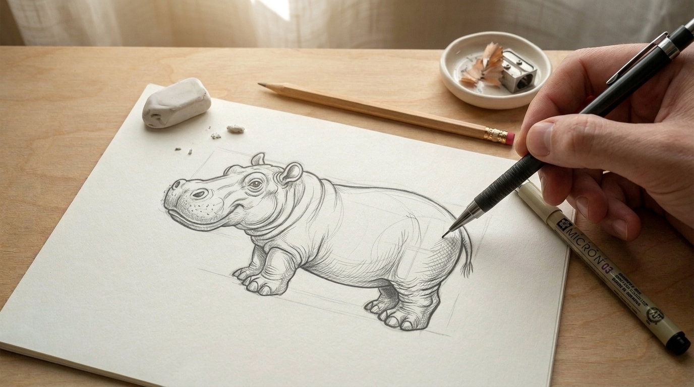 Hippo sketch refined with cleaner lines and added body details