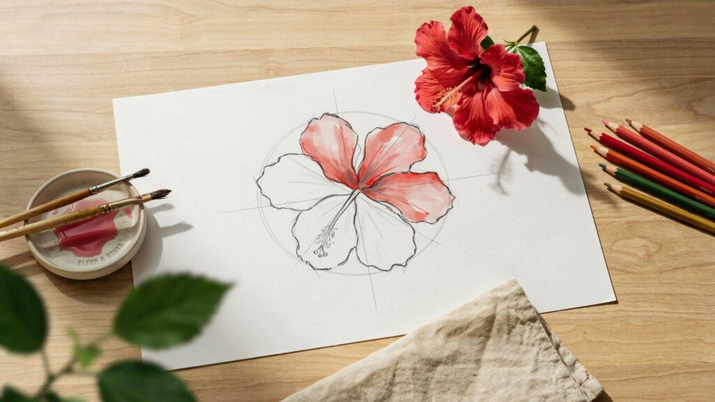 Watercolor hibiscus in progress with real flower reference, brushes, paints, and colored pencils