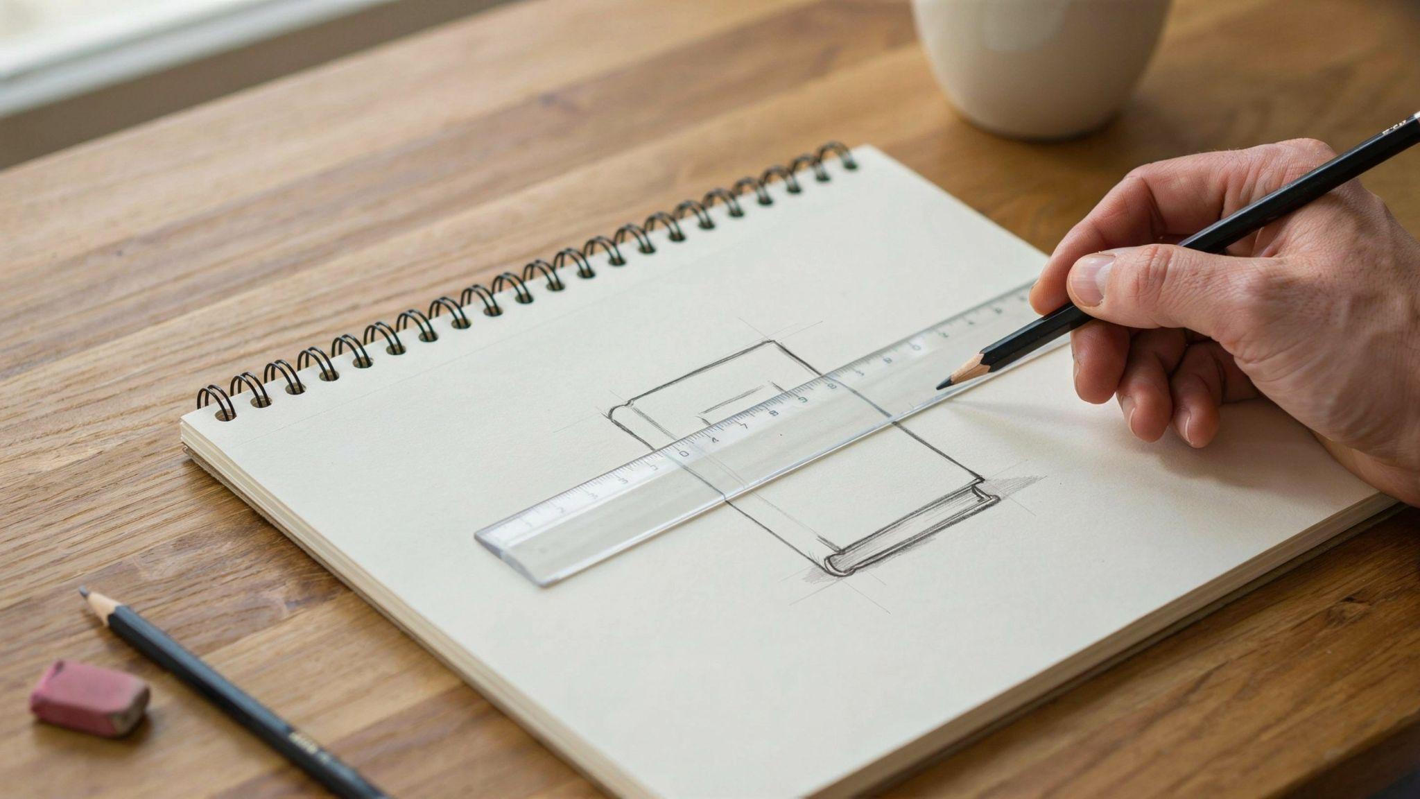 Hand drawing a rectangle with a ruler to create the front cover of a book sketch