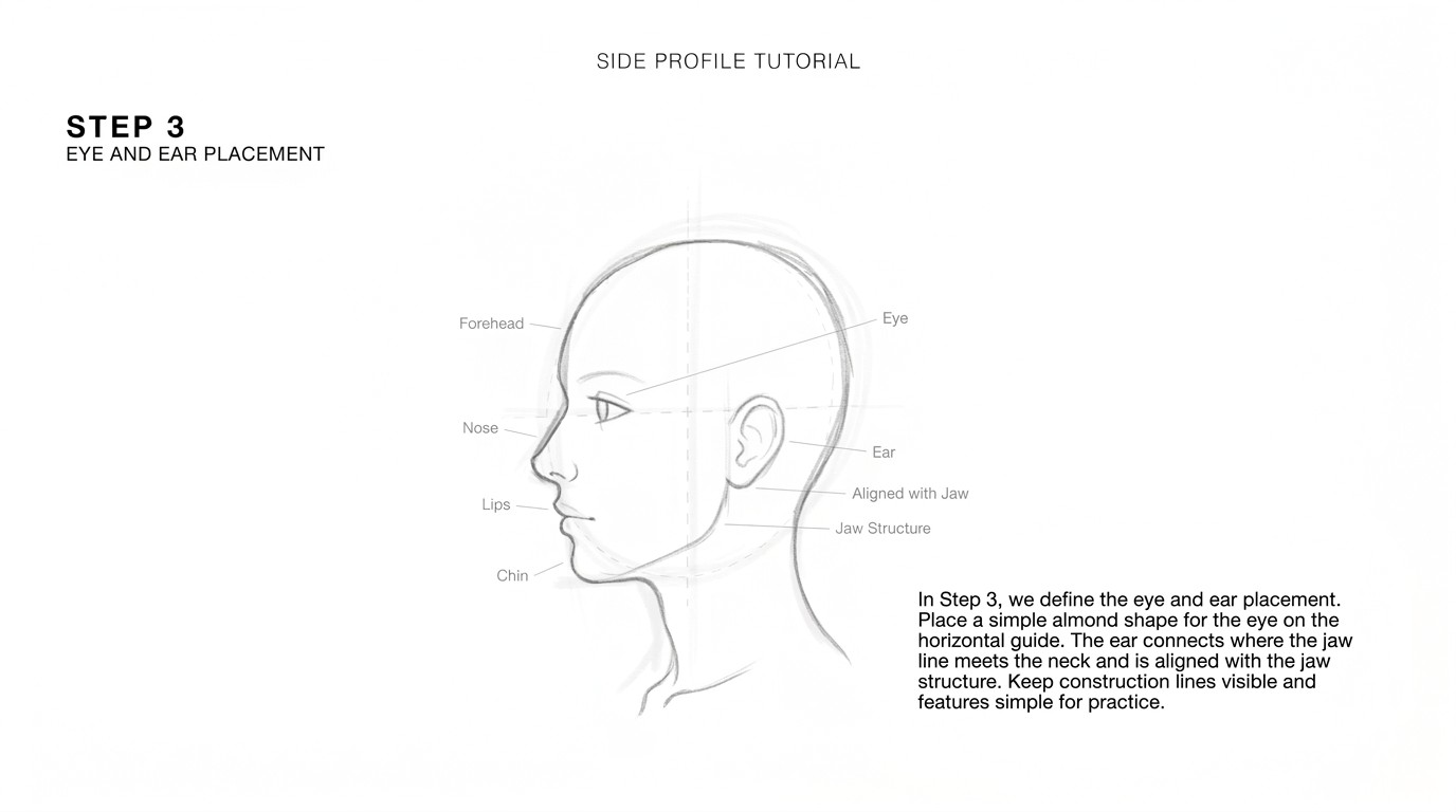 A side profile drawing showing correct placement of the eye and ear.