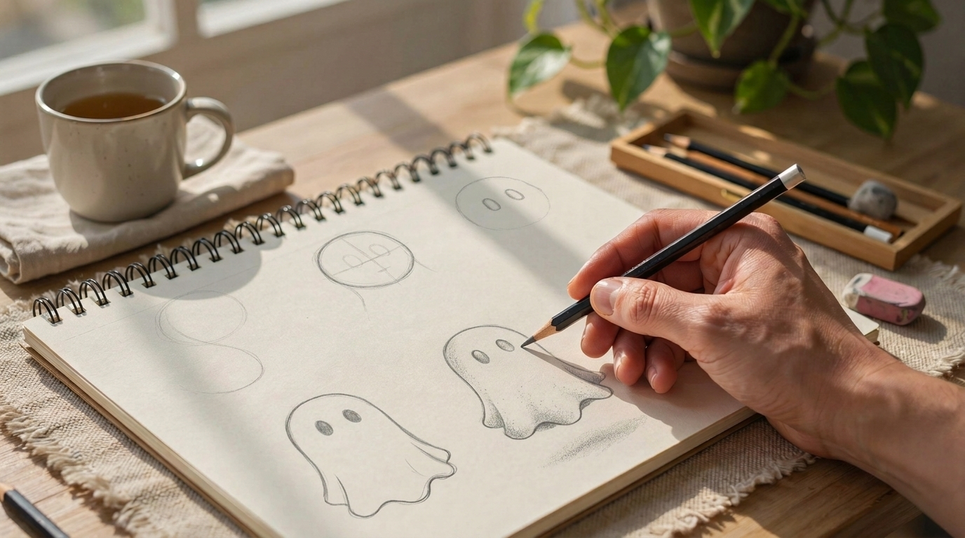 Ghost sketch with wavy bottom edge added to create floating shape