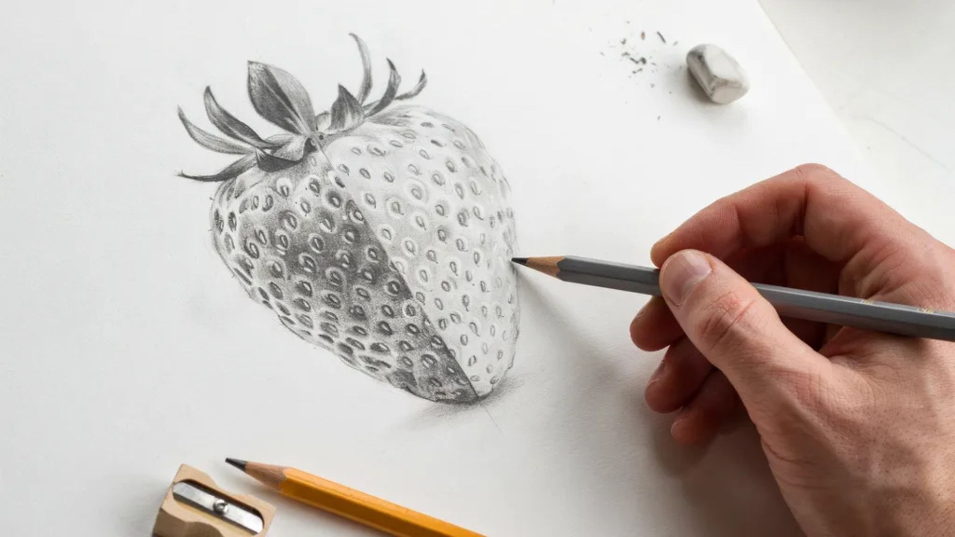 Adding basic shadows to a strawberry drawing for a three-dimensional effect.