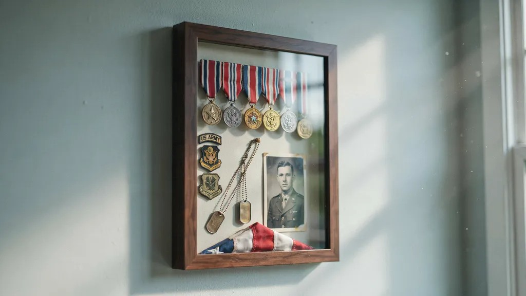 Military memorabilia shadow box with medals and dog tags.