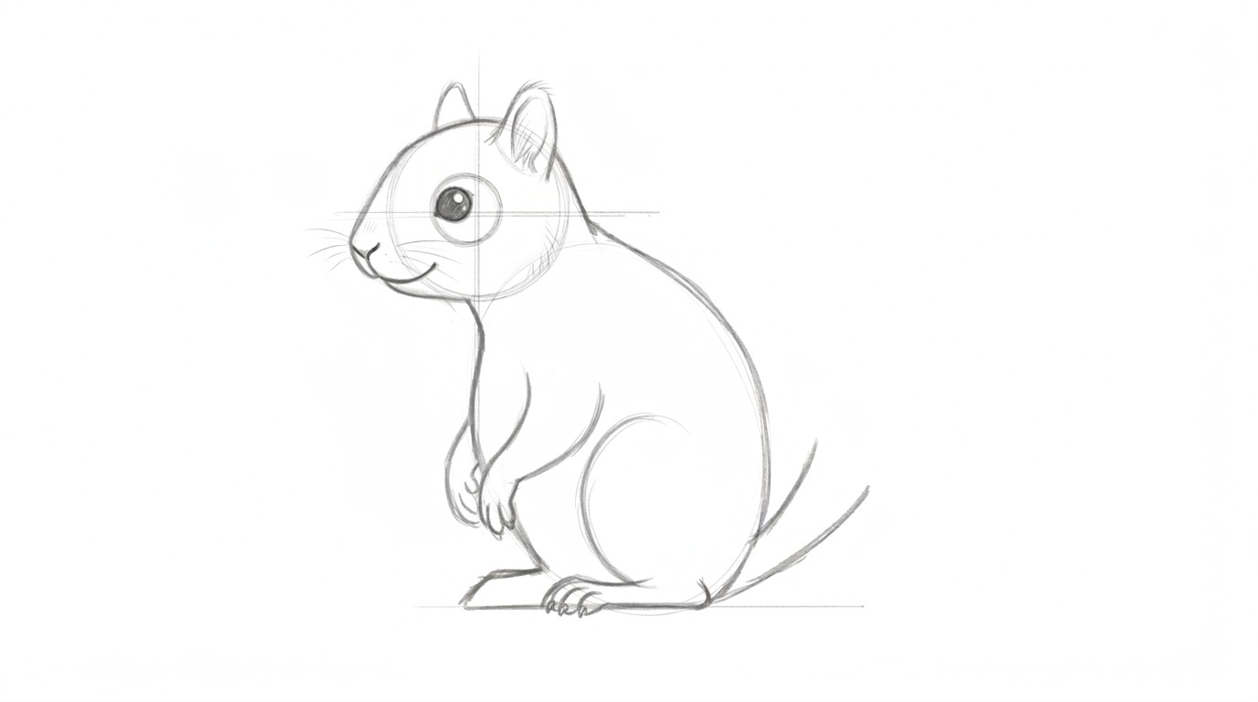 A squirrel drawing showing body, legs, and small paws in a sitting position.
