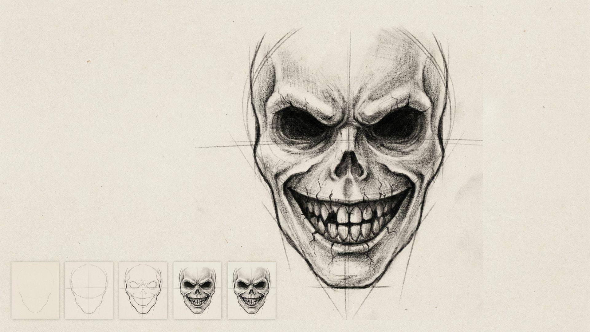 Scary face drawing featuring a simple nose, wide mouth, uneven teeth, and cracked lips.