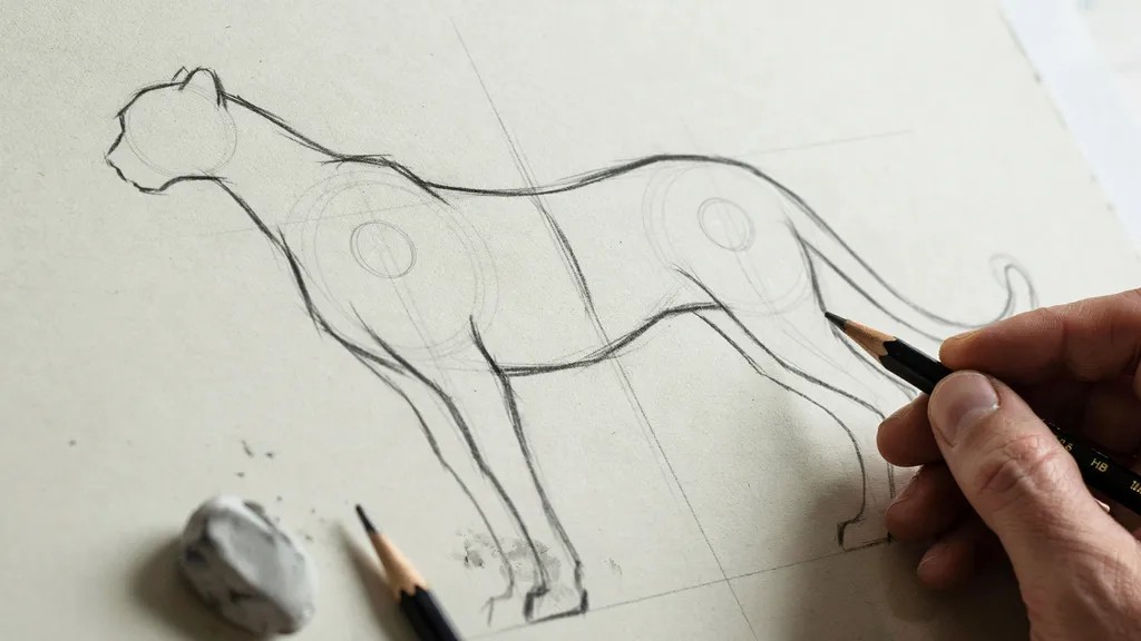 hand outlining cheetah body by connecting head and body shapes with soft curved lines, creating smooth neck and back structure during drawing process.