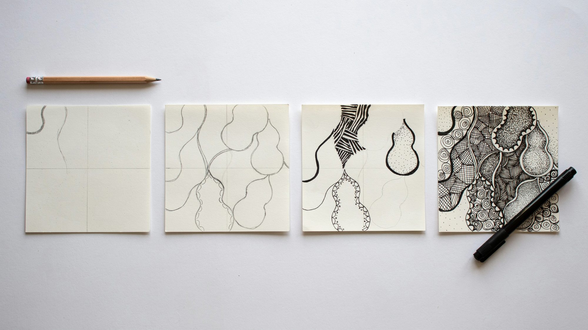 Step-by-step process of creating a Zentangle pattern.