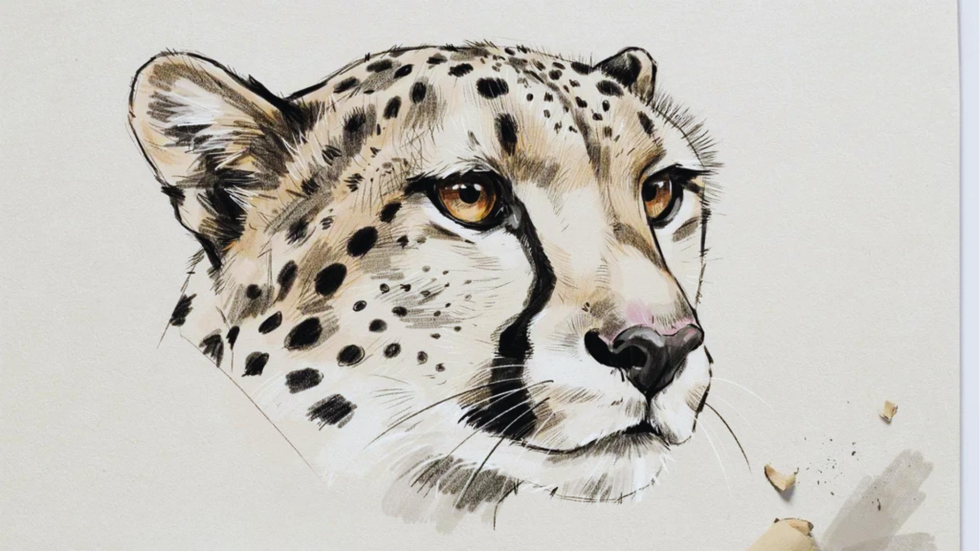 drawing cheetah facial features including eyes, nose, mouth, and tear lines, showing detailed sketching process that makes the animal look realistic and expressive.