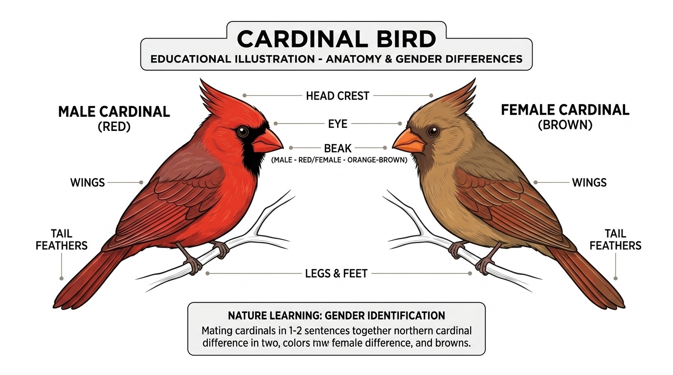 Male and female cardinal birds shown side by side in a simple educational illustration.