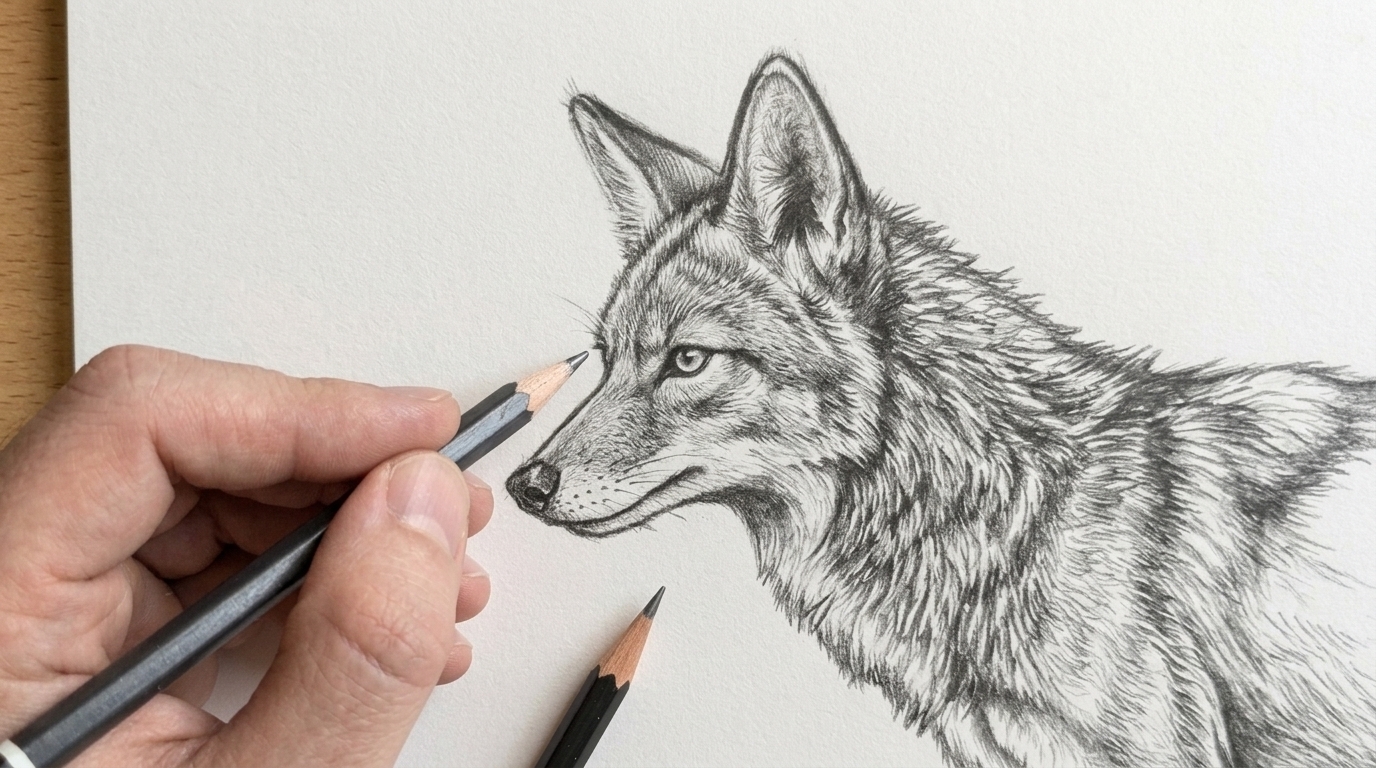 Detailed coyote face featuring expressive eyes, nose, and realistic features.